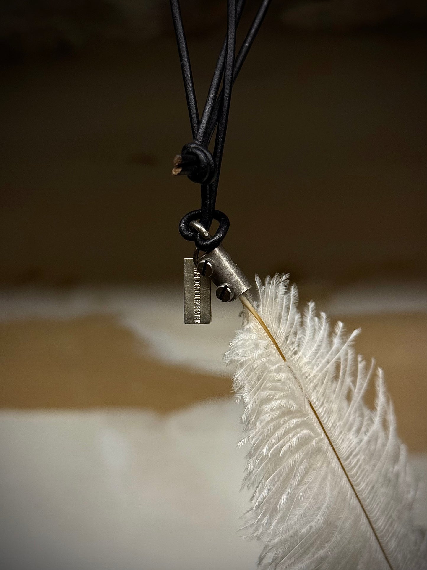 Ann Demeulemeester White Ostrich Feather Leather Cord Necklace