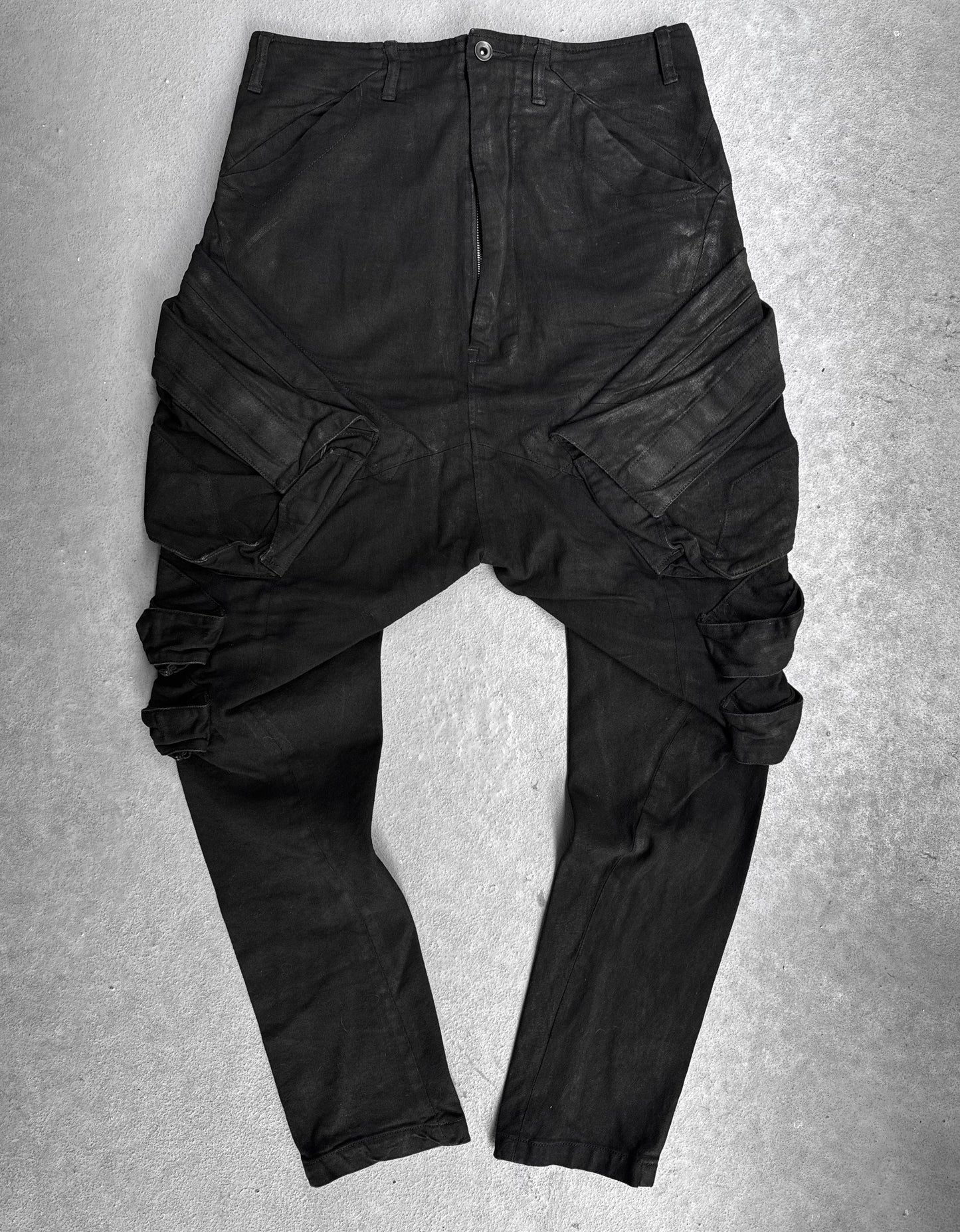 Julius_7 SS15 “prism;” Waxed Jumbo Velcro Gas-Mask Cargos Denim