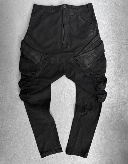 Julius_7 SS15 “prism;” Waxed Jumbo Velcro Gas-Mask Cargos Denim