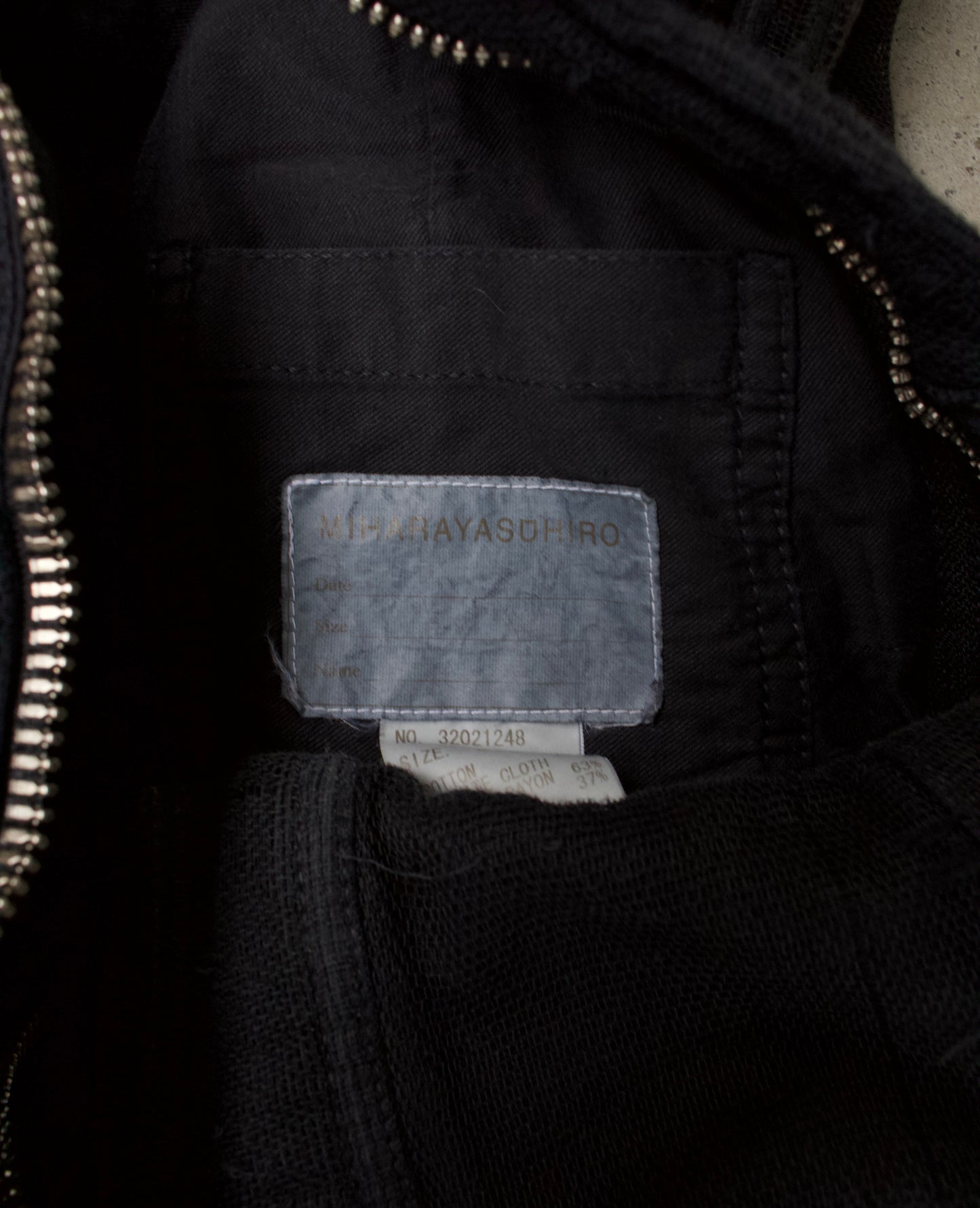 Mihara Yasuhiro AW05 Distressed Layered Mesh Military Jacket (Navy) brand tag shot 