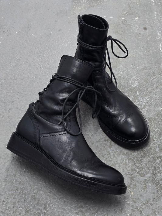 Ann Demeulemeester AW21 Black ‘Vitello’ Back-Lace Leather Boots
