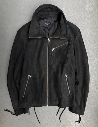 Tornado Mart Early 00s Dark Blue Corset Back Goatskin Suede Leather Jacket