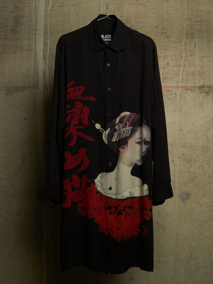 Yohji Yamamoto BLACK Scandal AW18 "Blood Stained Cat" Suzume Uchida Double Collar Geisha Print Longline Shirt