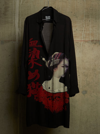 Yohji Yamamoto BLACK Scandal AW18 "Blood Stained Cat" Suzume Uchida Double Collar Geisha Print Longline Shirt