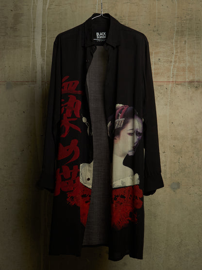 Yohji Yamamoto BLACK Scandal AW18 "Blood Stained Cat" Suzume Uchida Double Collar Geisha Print Longline Shirt