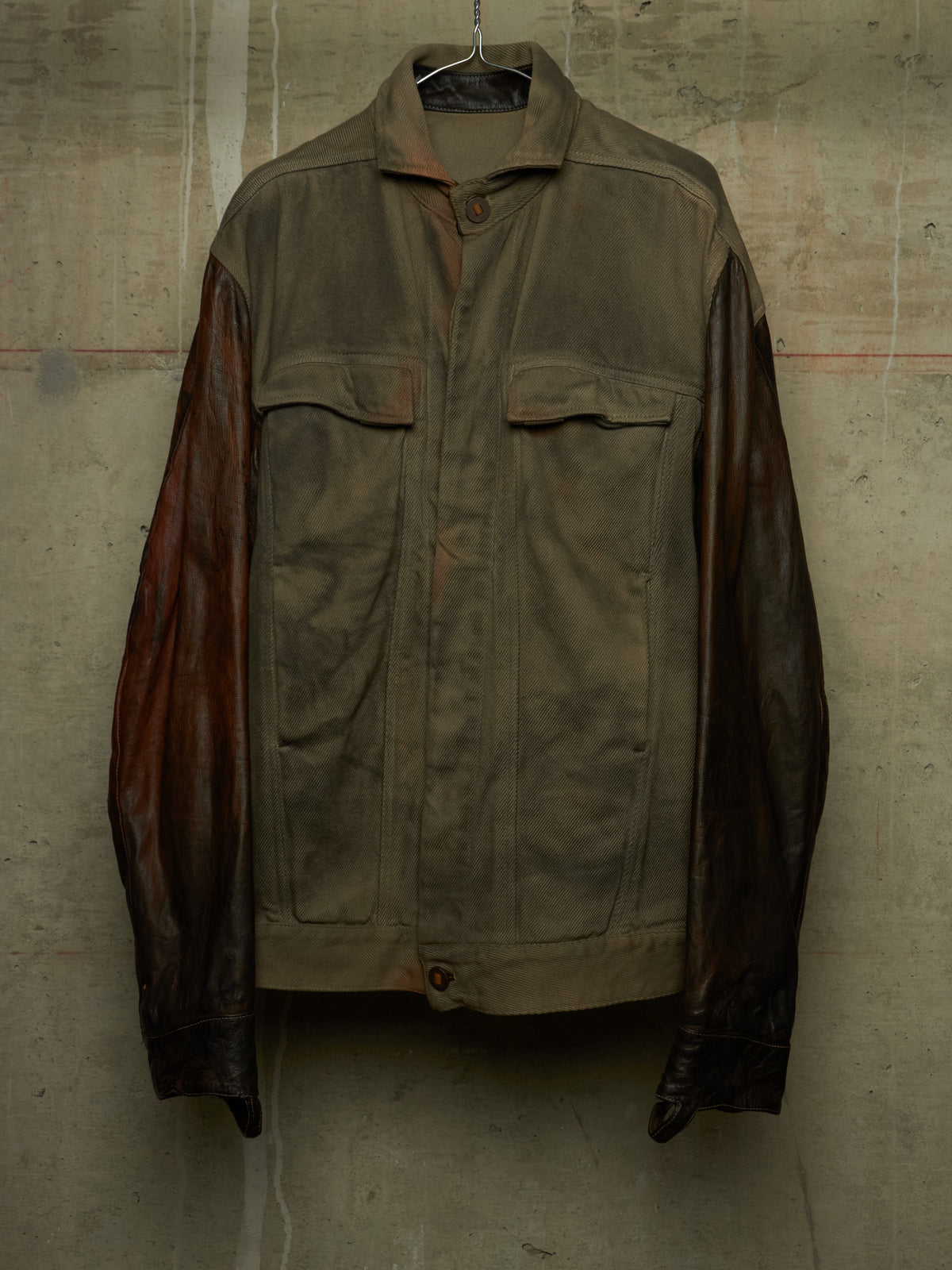 Boris Bidjan Saberi 2010s 'TEJANA 1' Hybrid Rustic Grey Cotton Twill Brown Kangaroo Leather Sleeve Jacket