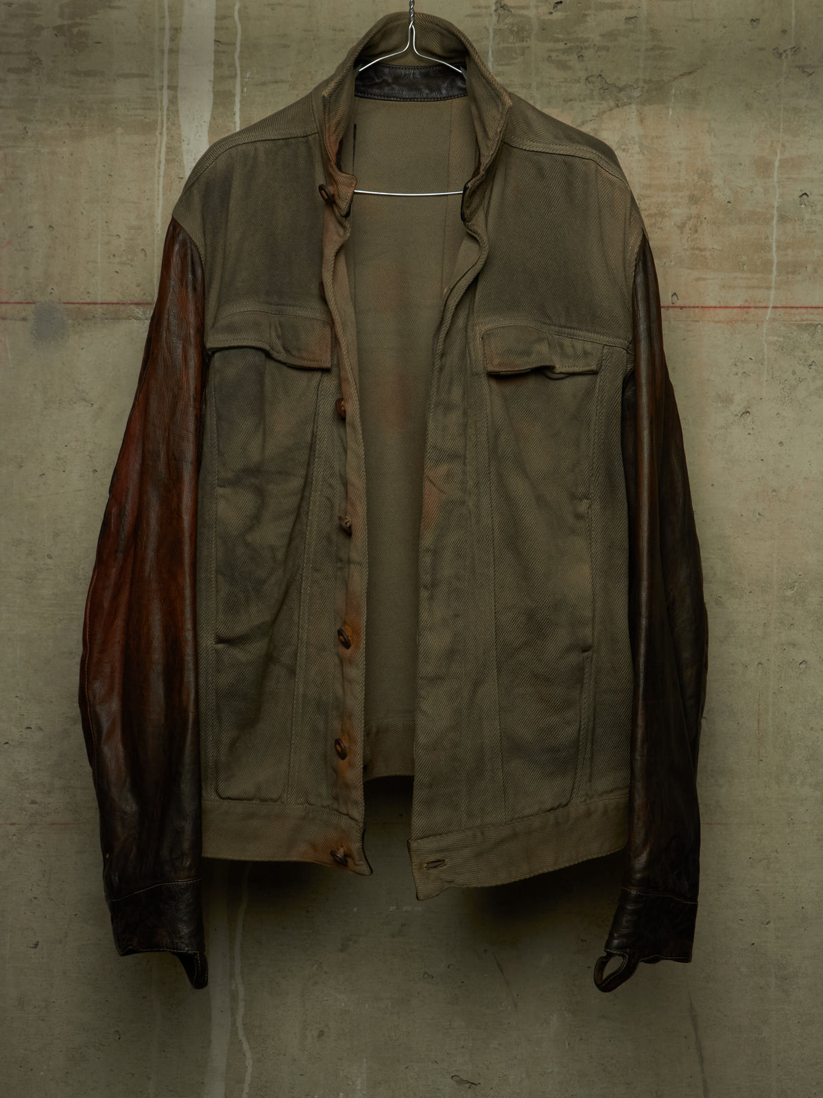 Boris Bidjan Saberi 2010s 'TEJANA 1' Hybrid Rustic Grey Cotton Twill Brown Kangaroo Leather Sleeve Jacket