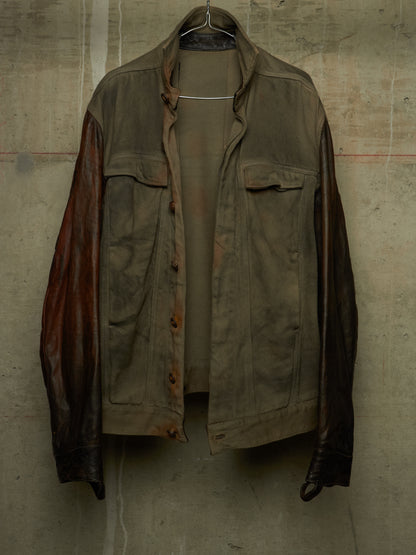 Boris Bidjan Saberi 2010s 'TEJANA 1' Hybrid Rustic Grey Cotton Twill Brown Kangaroo Leather Sleeve Jacket