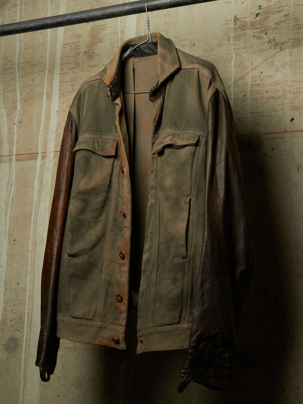 Boris Bidjan Saberi 2010s 'TEJANA 1' Hybrid Rustic Grey Cotton Twill Brown Kangaroo Leather Sleeve Jacket