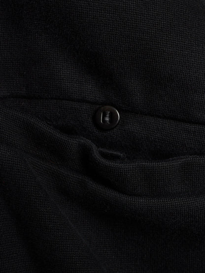 Close-up of a black textured knit garment with a small dark button detail.