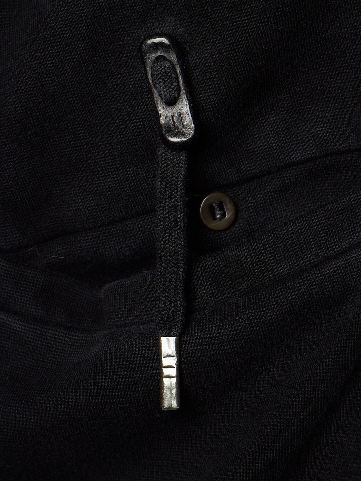 Close-up of a black textured garment showing a silver-toned metal zipper pull, a dark button, and fabric texture.