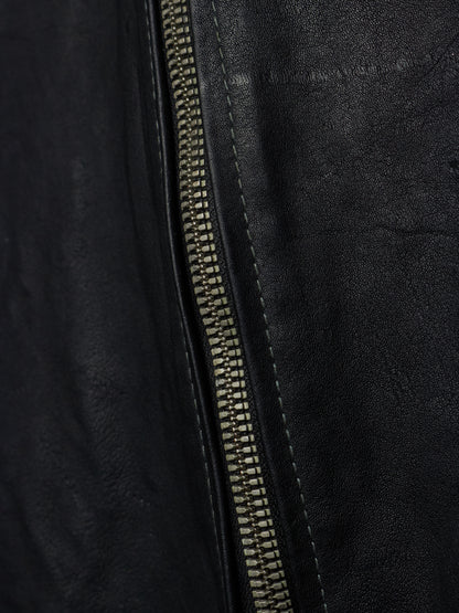 Close-up of a black leather jacket with a zipper
