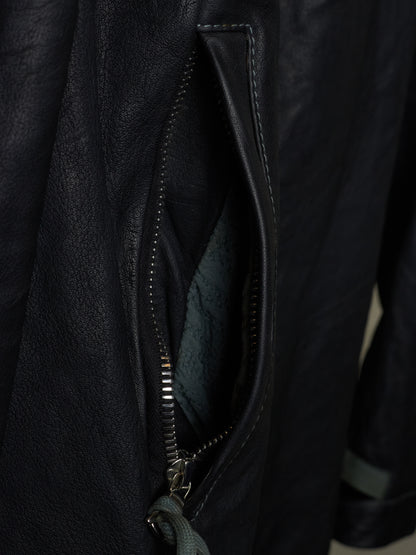 Close-up of a black leather jacket with a zipper