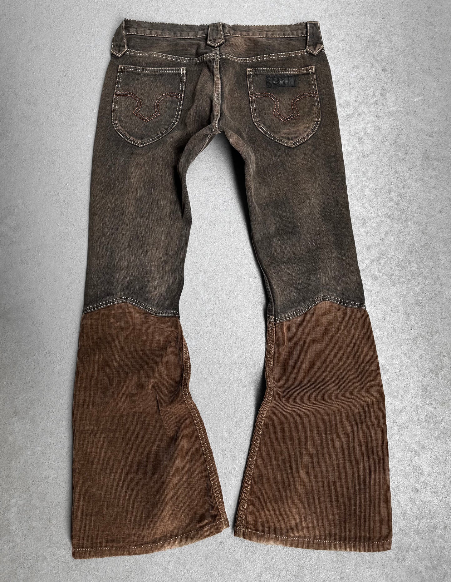 LED RECHWE Early 00s Hybrid Corduroy ‘Sword’ Western Frayed Flare Denim