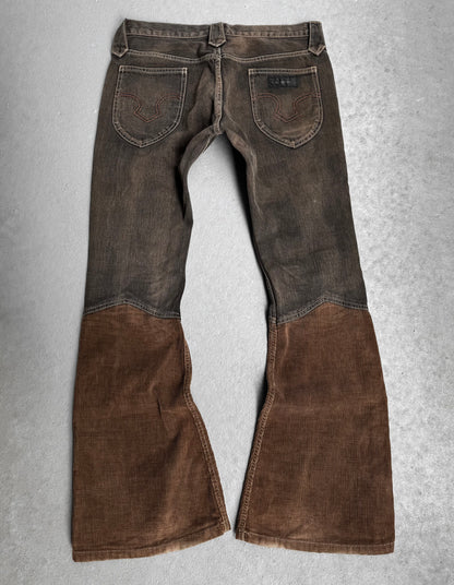LED RECHWE Early 00s Hybrid Corduroy ‘Sword’ Western Frayed Flare Denim