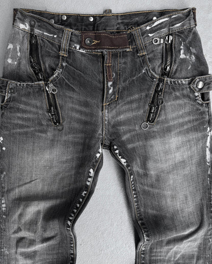 SemanticDesign Early 00s Multi-zip Paint Splattered Flare Denim