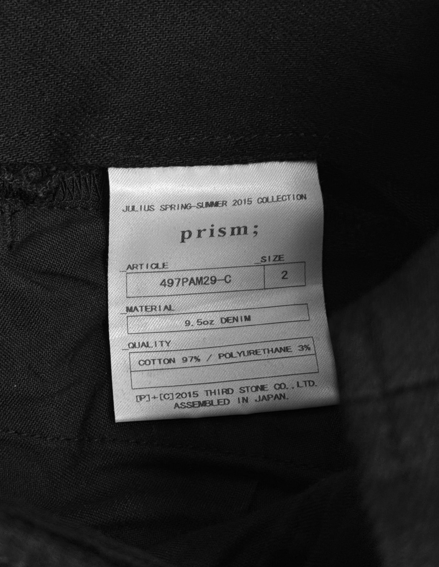Julius_7 SS15 “prism;” Waxed Velcro Gas-Mask Cargos Skinny Denim