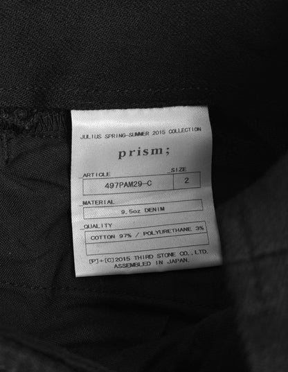 Julius_7 SS15 “prism;” Waxed Velcro Gas-Mask Cargos Skinny Denim