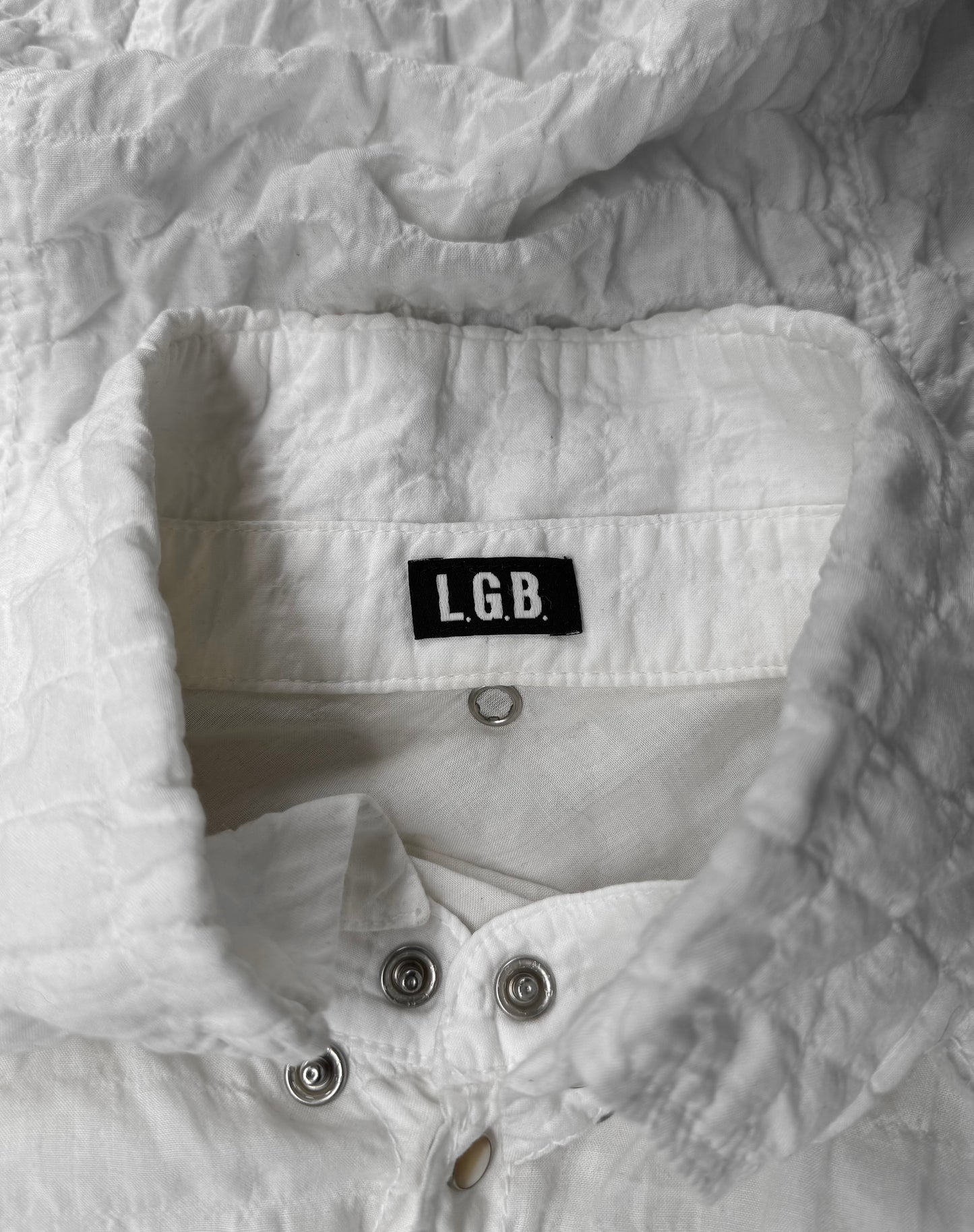 L.G.B. Early 00s Distressed White Cotton Gauze Snap Western Shirts