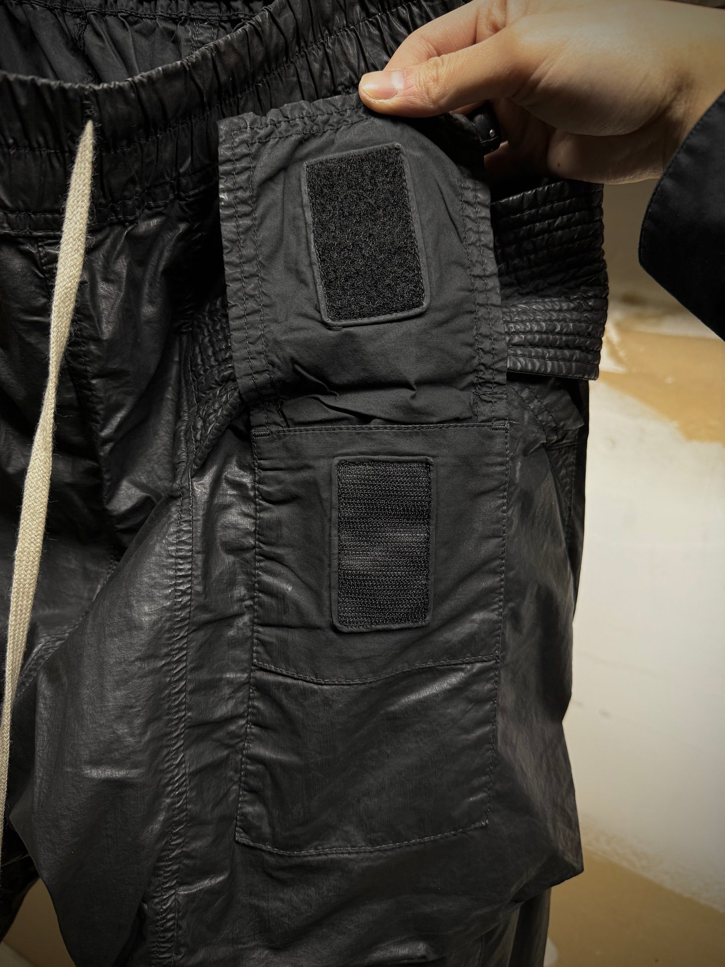 Rick Owens DRKSHDW SS21 "PHLEGETHON " Waxed Creatch Cargo Carpis Pants detail | DRIEW GARMENTS