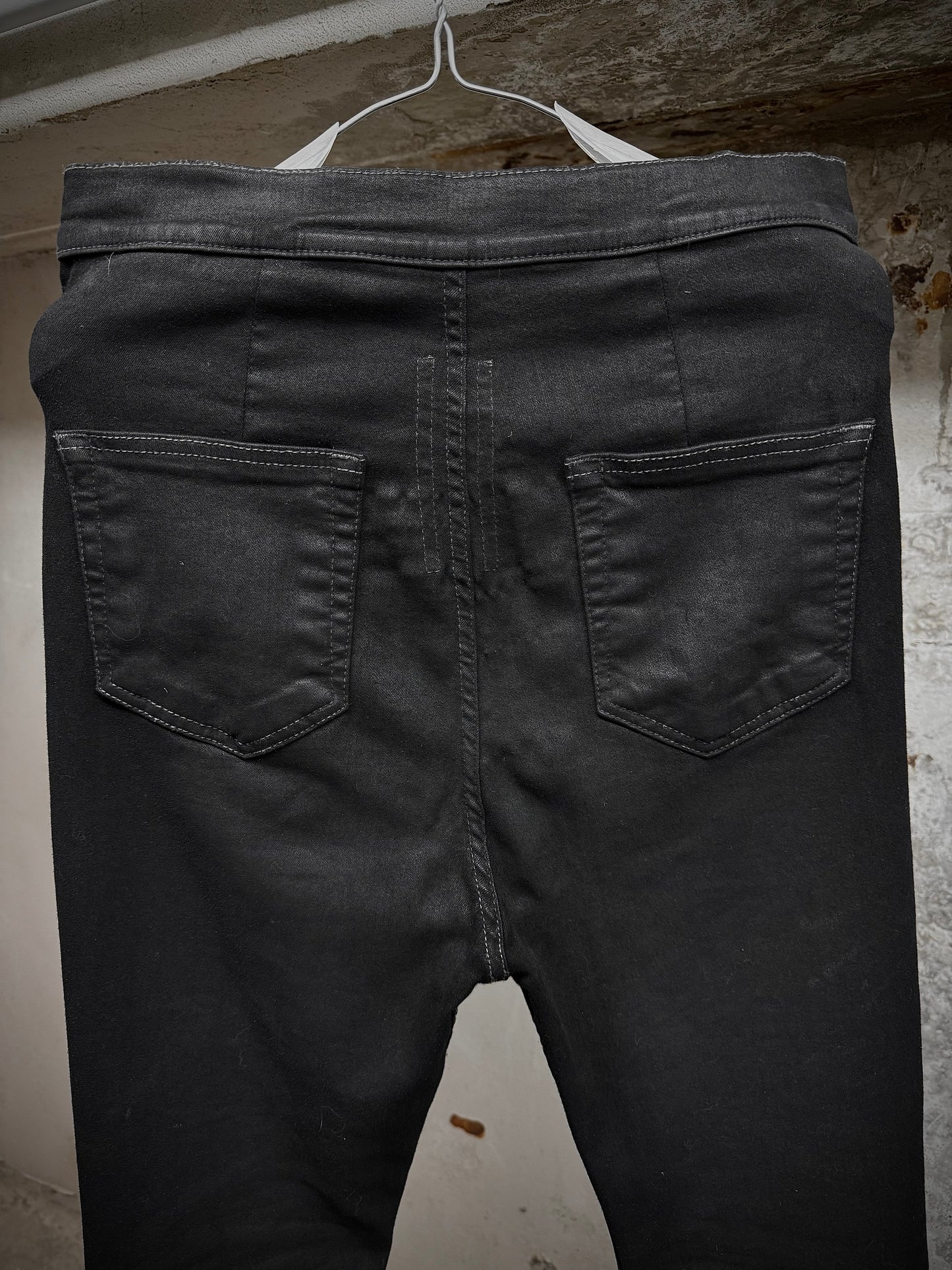 Rick Owens DRKSHDW AW21 "GETHSEMANE" 'BOLANS BOOTCUT' Waxed Flare Denim detail | DRIEW GARMENTS
