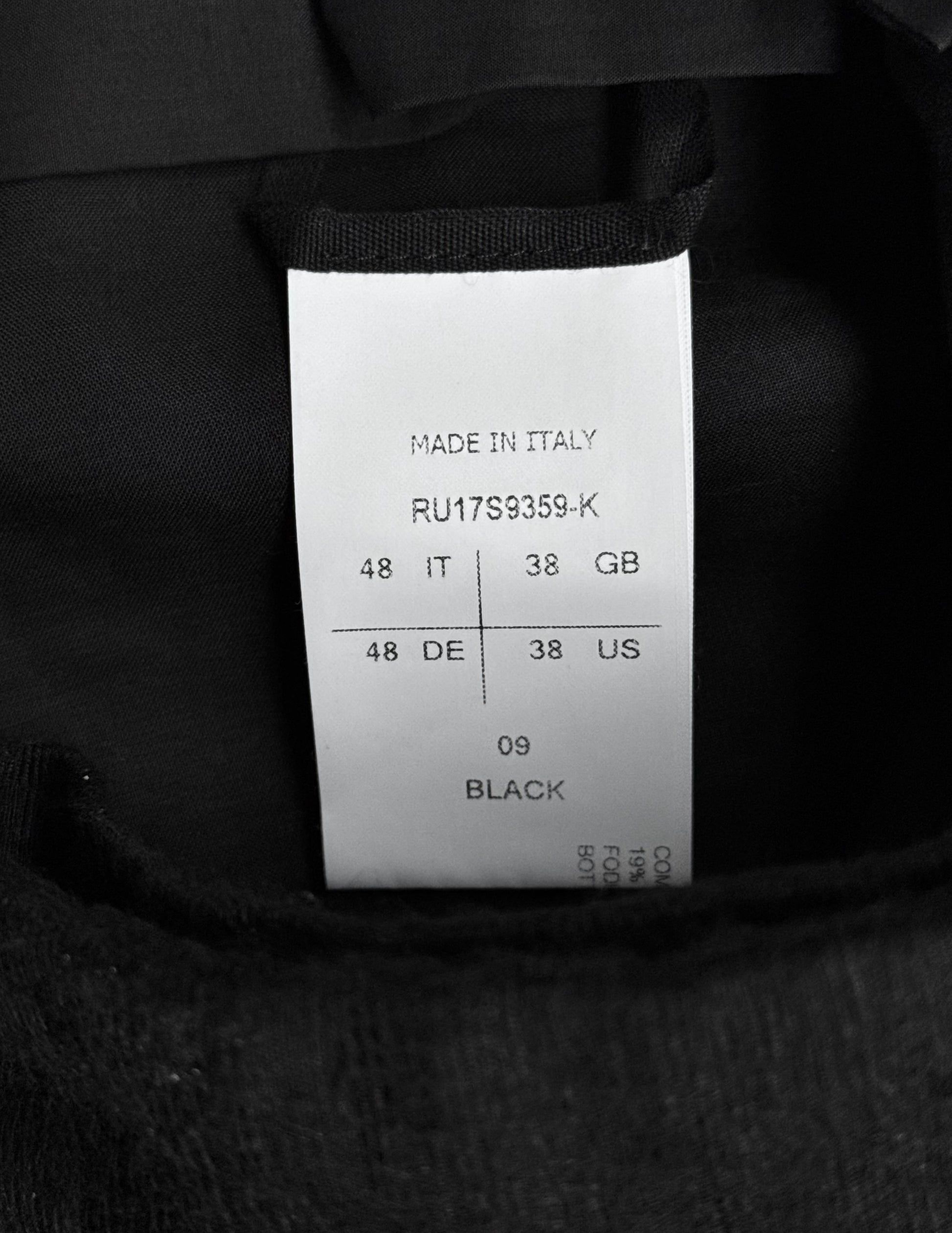 A pristine white label on black Rick Owens SS17 WALRUS Radiant Woven Cropped Pants reads MADE IN ITALY, code RU17S9359-K, sizes IT 48/US 32-33 Waist, and color 09 BLACK.