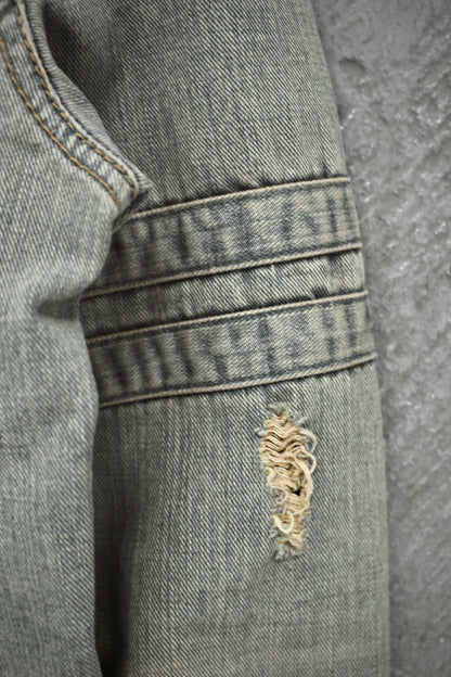 LED RECHWE Early 00s Vintage Wash Distressed Cropped Denim Trucker Jacket