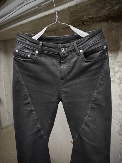 Rick Owens DRKSHDW AW24 "PORTERVILLE" 'BIAS BOOTCUT' Waxed Flare Denim detail | DRIEW GARMENTS