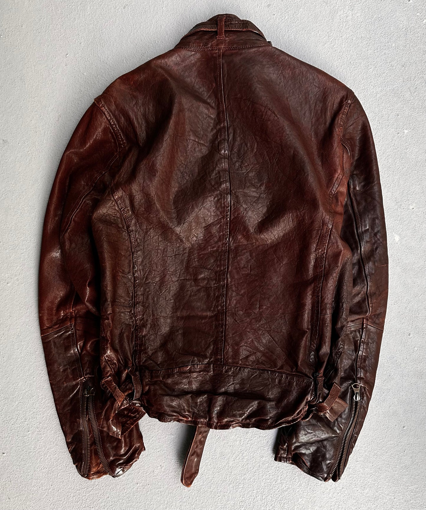 ABAHOUSE Early 00s Worn-out Burgundy Sheepskin Leather Biker Jacket