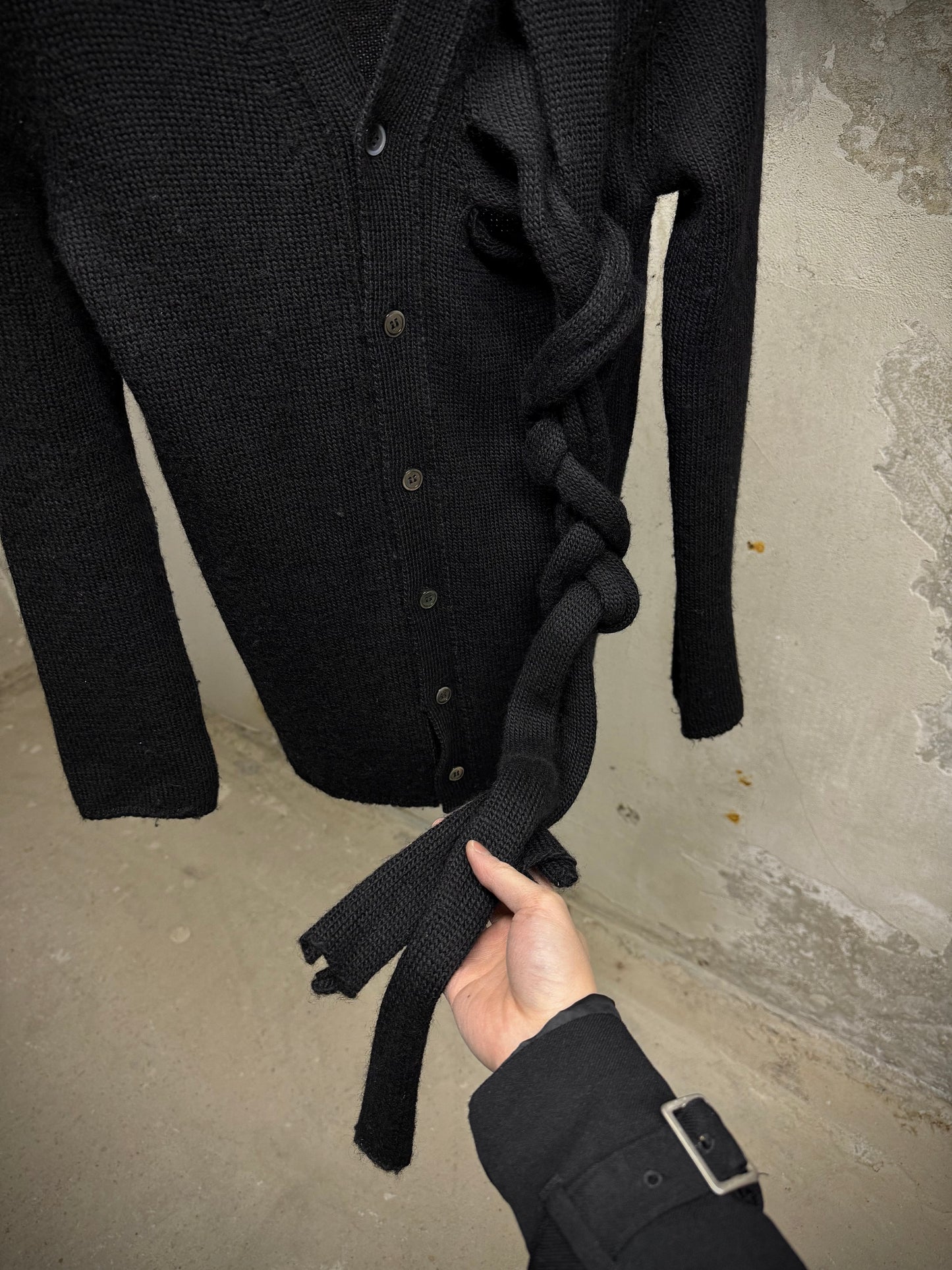 COMME des GARÇONS AW14 Cut Out Extended Wool Locks Knit Cardigan detail | DRIEW GARMENTS