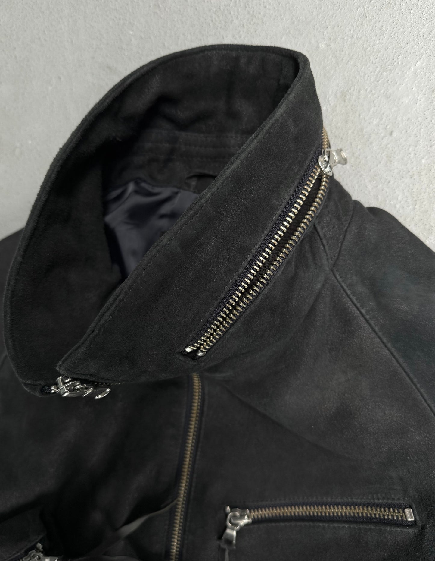 Tornado Mart Early 00s Dark Blue Corset Back Goatskin Suede Leather Jacket