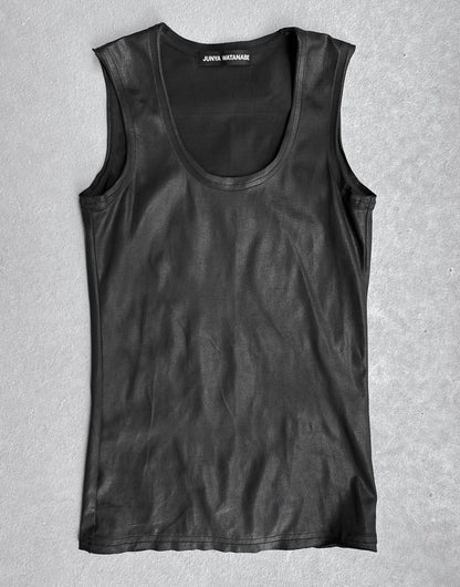 A Junya Watanabe SS23 Waxed Scoop-neck Tank Top in black, sleeveless with a slim fit, is shown laid flat on a light gray surface. Label inside the collar; flawless condition and available in size S.