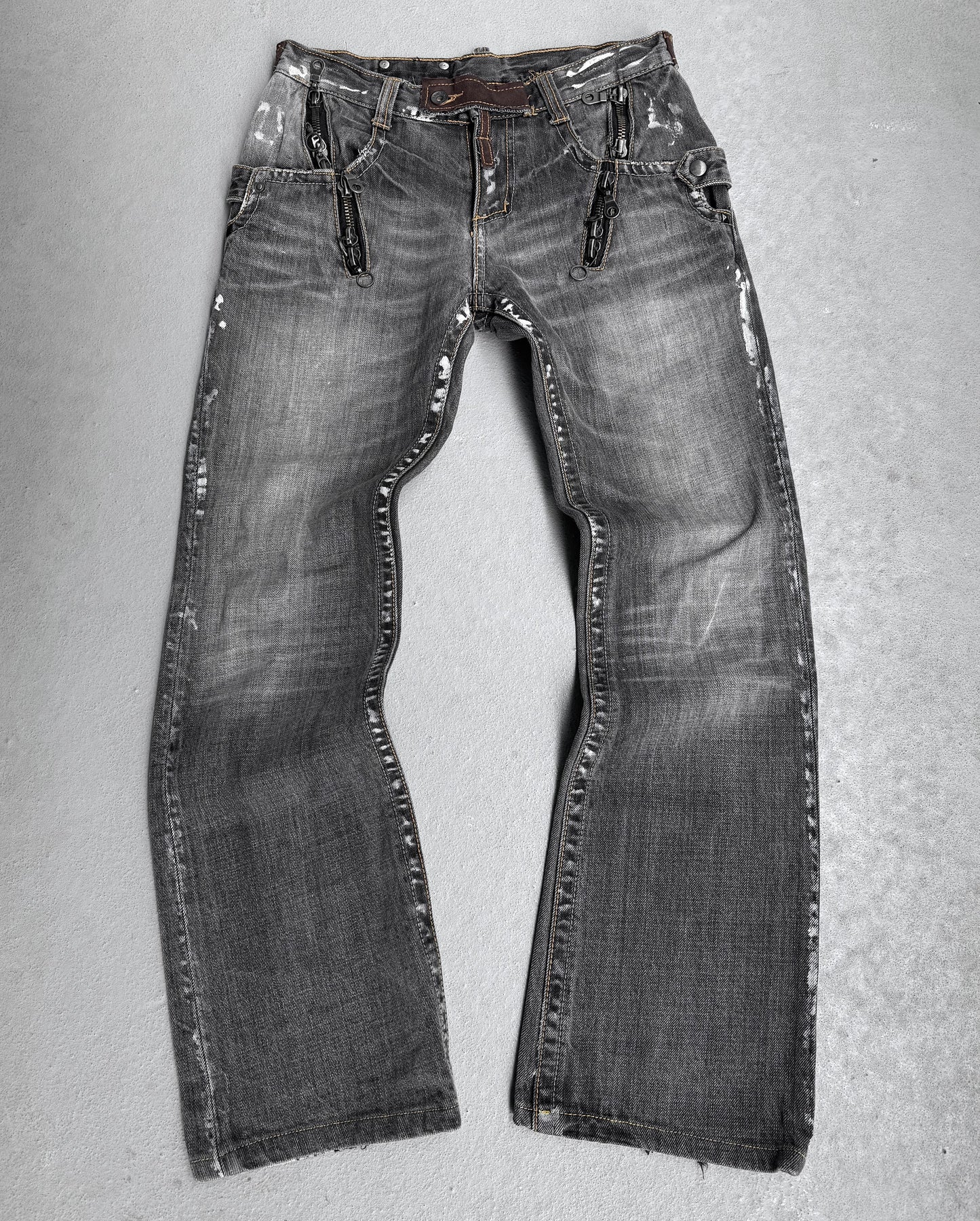 SemanticDesign Early 00s Multi-zip Paint Splattered Flare Denim