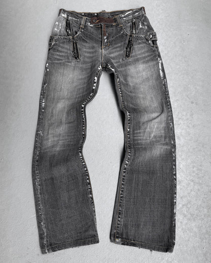 SemanticDesign Early 00s Multi-zip Paint Splattered Flare Denim