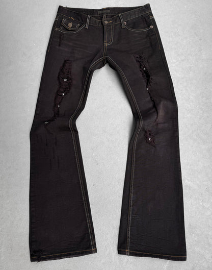 G.O.A Early 00s Garment-dyed Blown-out ‘Piercings’ Flare Denim