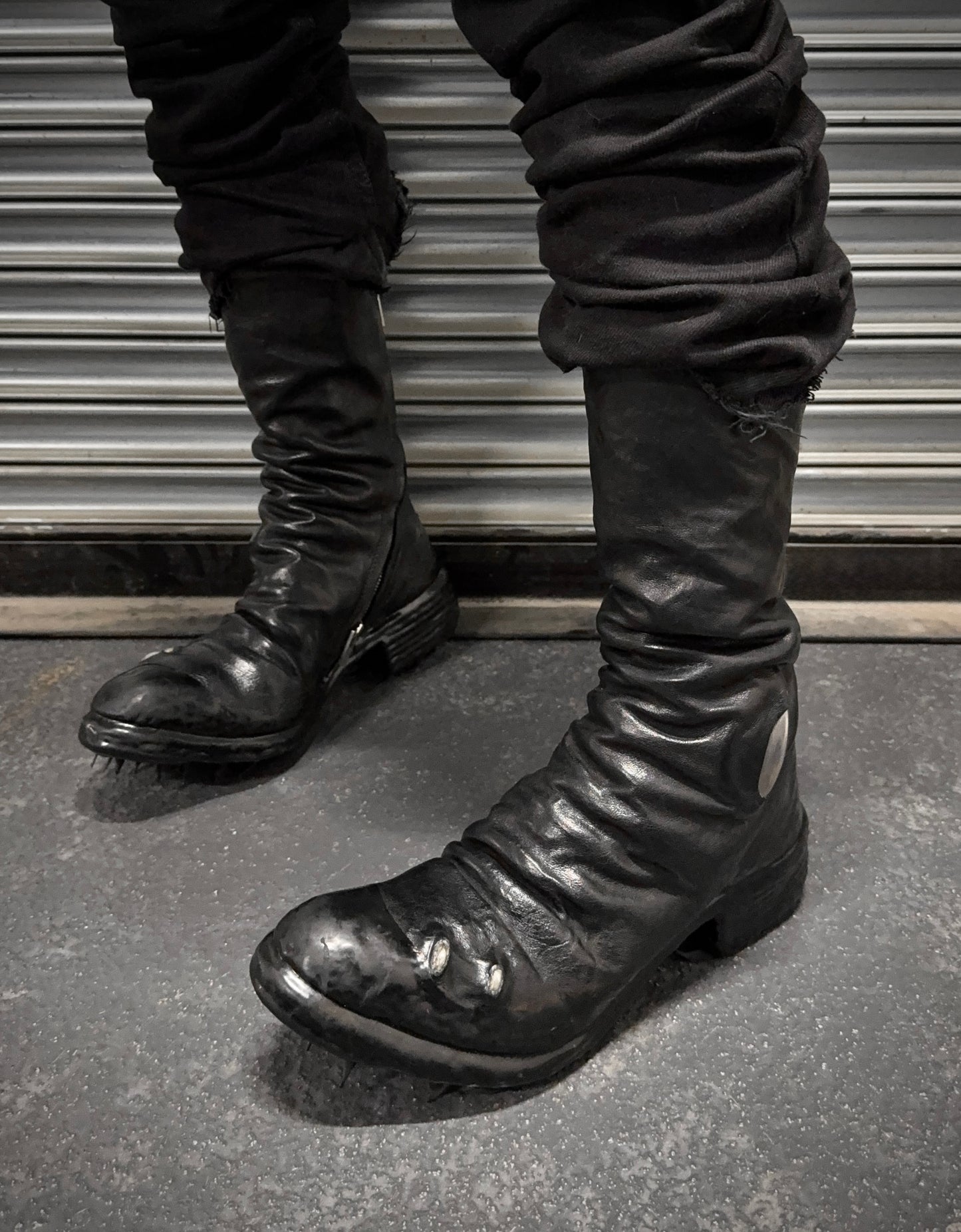 Carol Christian Poell ‘AF/0907PR ROOMS-PTC/10’ Black Objet-dyed Kangaroo Leather Titanium Prosthetic Drip Tornado Zip Boots