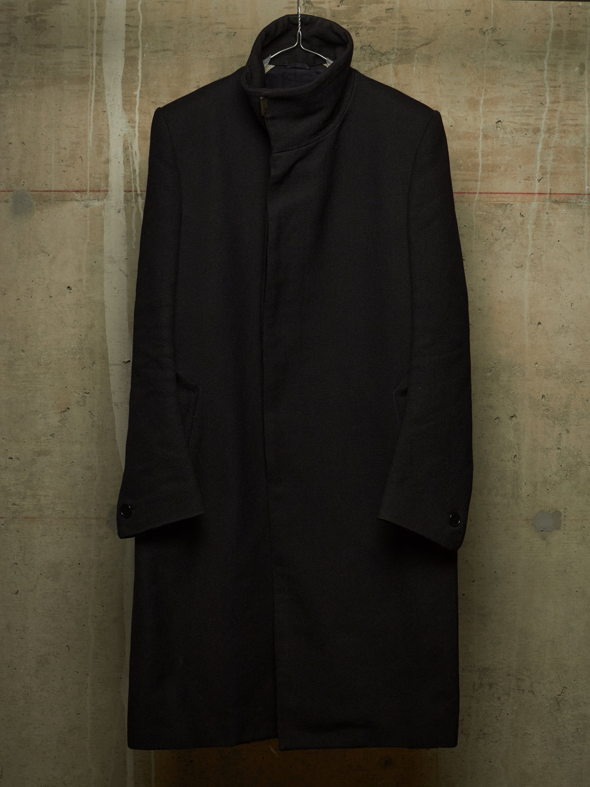 Carol Christian Poell 2009 'OM/2340L PETT/10' Black High Neck Wool Ramie Coat