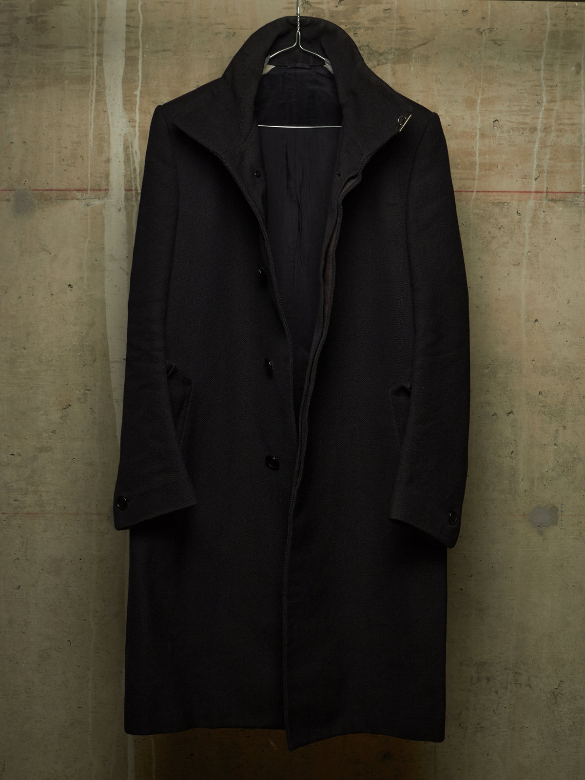 Carol Christian Poell 2009 'OM/2340L PETT/10' Black High Neck Wool Ramie Coat