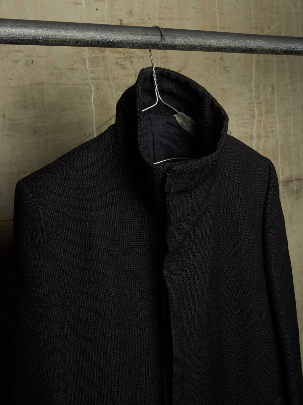 Carol Christian Poell 2009 'OM/2340L PETT/10' Black High Neck Wool Ramie Coat