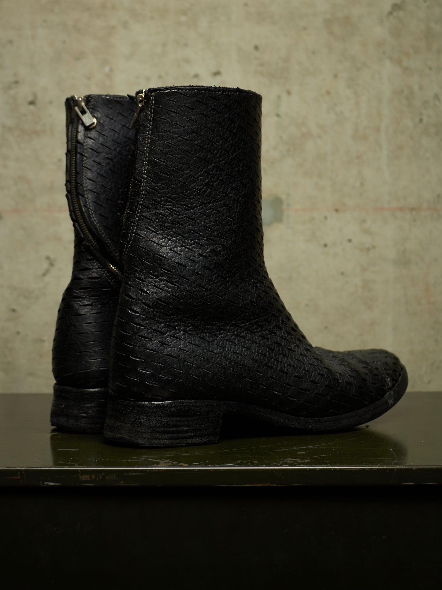 Carol Christian Poell 'AM/2601L BUUS-PTC/010' Object-dyed Laser Cut Bison Leather Tornado Zip Boots