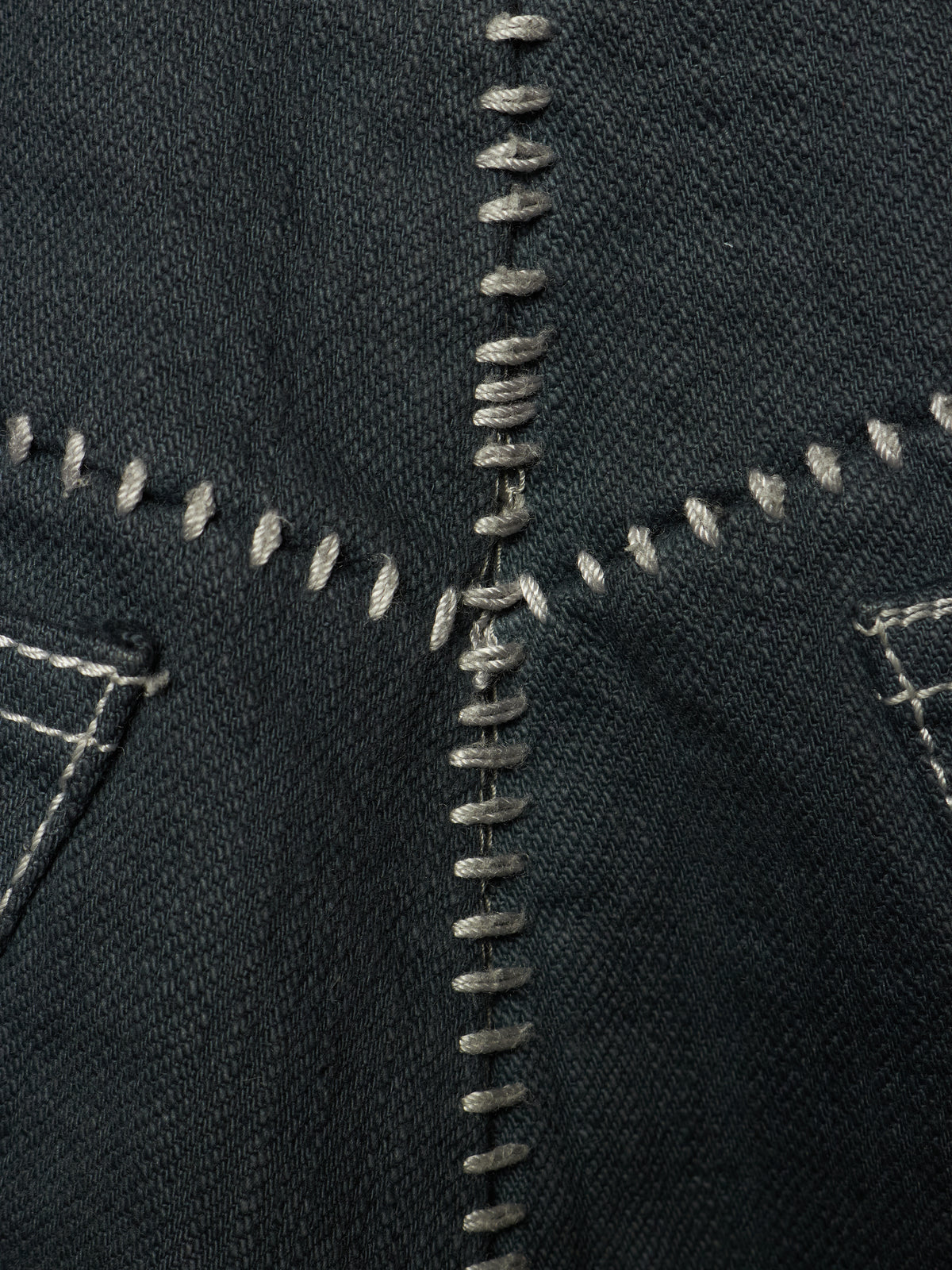 Close-up of dark indigo denim fabric with prominent contrast white and gray stitching, showing the texture of the denim weave and decorative patchwork seams.