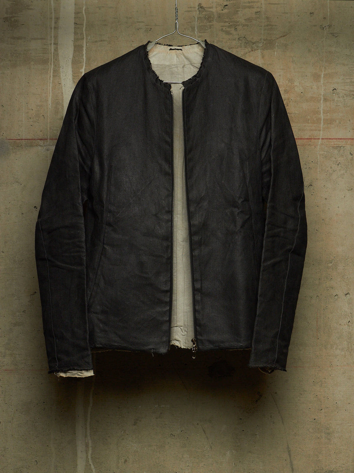 Carpe Diem Early 00s Grey Heavy Waxed Linen Frayed Edge Collarless Zip Jacket