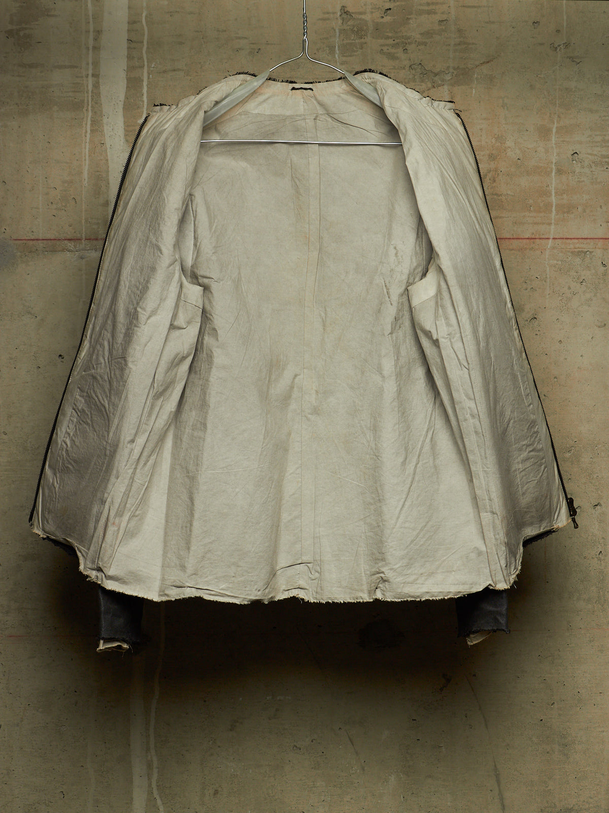 Carpe Diem Early 00s Grey Heavy Waxed Linen Frayed Edge Collarless Zip Jacket
