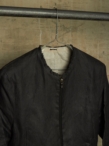 Carpe Diem Early 00s Grey Heavy Waxed Linen Frayed Edge Collarless Zip Jacket