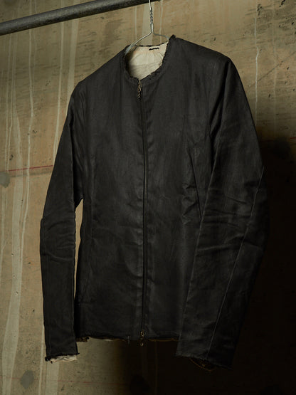Carpe Diem Early 00s Grey Heavy Waxed Linen Frayed Edge Collarless Zip Jacket