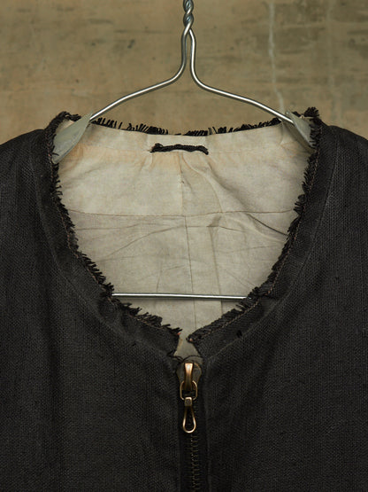 Carpe Diem Early 00s Grey Heavy Waxed Linen Frayed Edge Collarless Zip Jacket