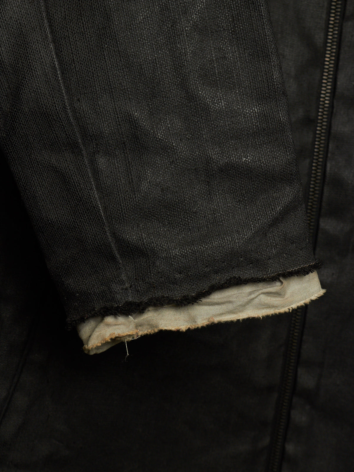 Carpe Diem Early 00s Grey Heavy Waxed Linen Frayed Edge Collarless Zip Jacket