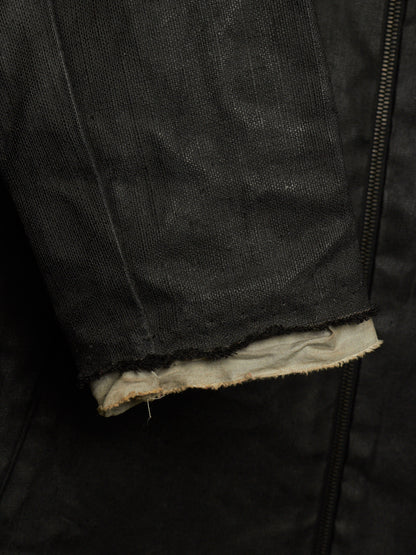 Carpe Diem Early 00s Grey Heavy Waxed Linen Frayed Edge Collarless Zip Jacket