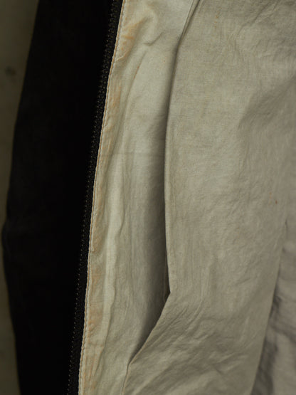 Carpe Diem Early 00s Grey Heavy Waxed Linen Frayed Edge Collarless Zip Jacket