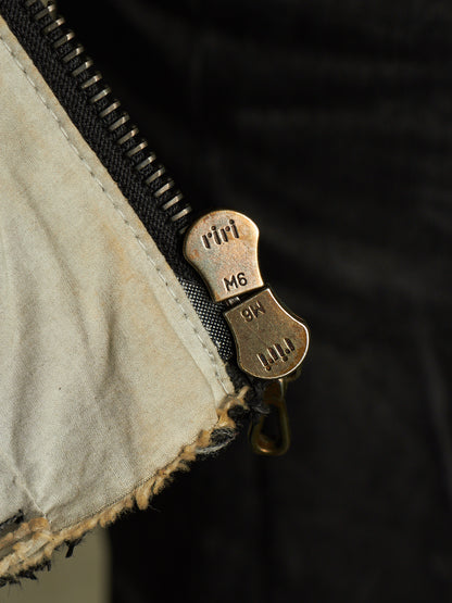 Carpe Diem Early 00s Grey Heavy Waxed Linen Frayed Edge Collarless Zip Jacket